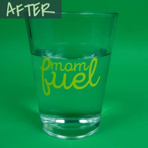 A glass of warm water with the words "Mom fuel" on it after the heat changes the color in Hot Rod Color Changing SpecialtyPSV™
